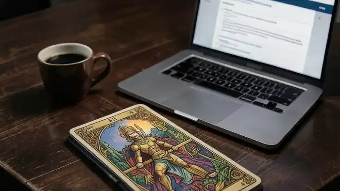 Расклад Таро Кельтский крест на резюме — карты лежат рядом с ноутбуком на столе