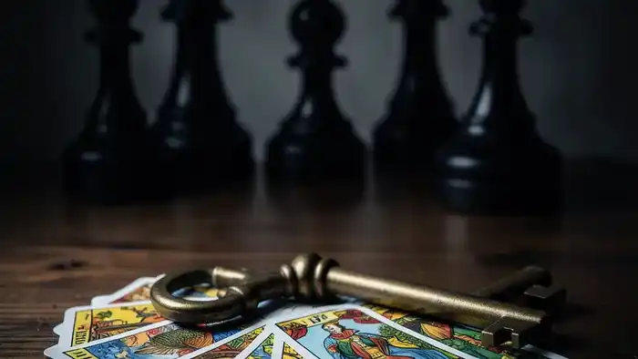 Расклад Таро Ключ на конкурентов — схематичное расположение карт вокруг старинного ключа на деревянном столе