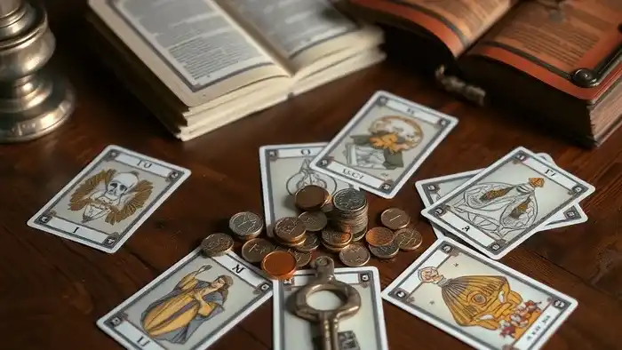 Расклад Таро «Ключ» на кредит с картами и финансовыми символами для гадания на деньги