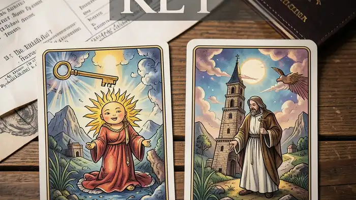 ключевой расклад Таро на вид на жительство, карта с изображением ключа и символов миграции