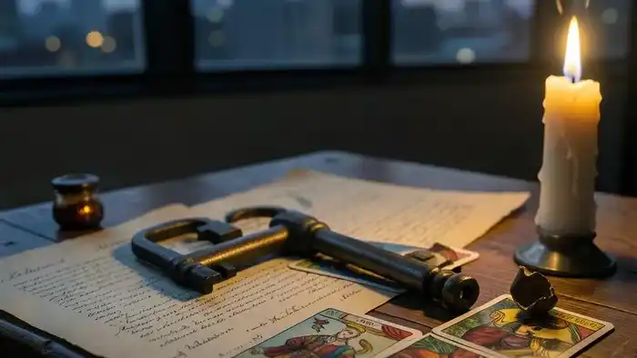 Расклад Таро Ключ на закрытие бизнеса — античный ключ на столе с картами Таро и документами