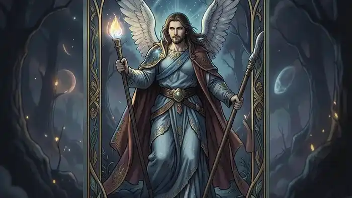 Расклад Таро Колесо баланса жизни — схематичное изображение колеса с восемью картами по кругу и одной в центре на темном фоне.