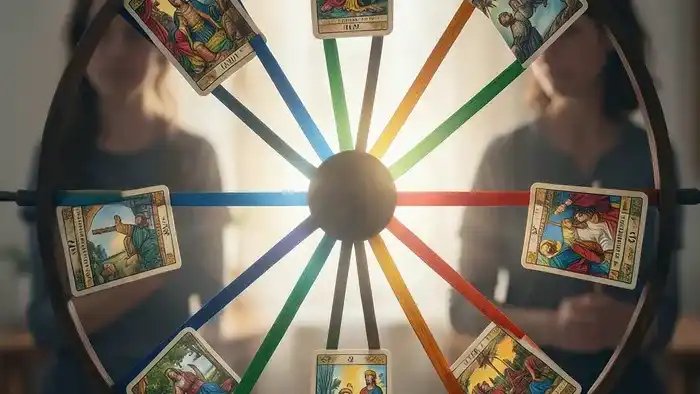 Расклад Таро Колесо баланса жизни на охлаждение чувств — схематичное изображение колеса с картами и символами отношений