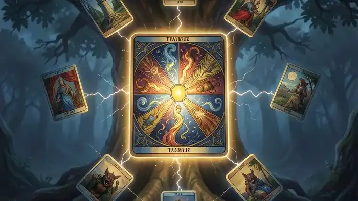 Расклад Таро Колесо баланса жизни на родовое проклятие — схематичное изображение карт в круге с энергетическими связями