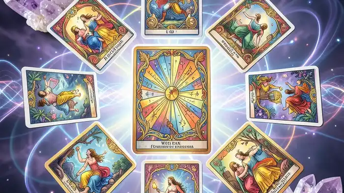 Расклад Таро «колесо фортуны» на булимию – карта колеса в центре, звуковые волны и аметист