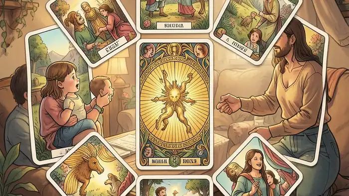Расклад Таро колесо фортуны на отношения с отцом, карта в центре, семейная сцена