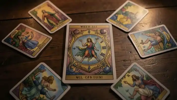 Расклад Таро Колесо Фортуны на сглаз — схема из семи карт на деревянном столе при свечах.