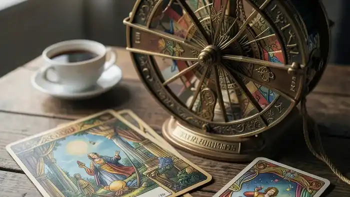 Расклад Таро Колесо Фортуны на увольнение — схема из карт на деревянном столе