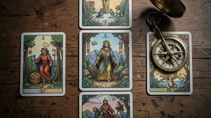 Расклад Таро Компас на профессиональный рост — пять карт, разложенных по сторонам света с компасом на деревянном столе.