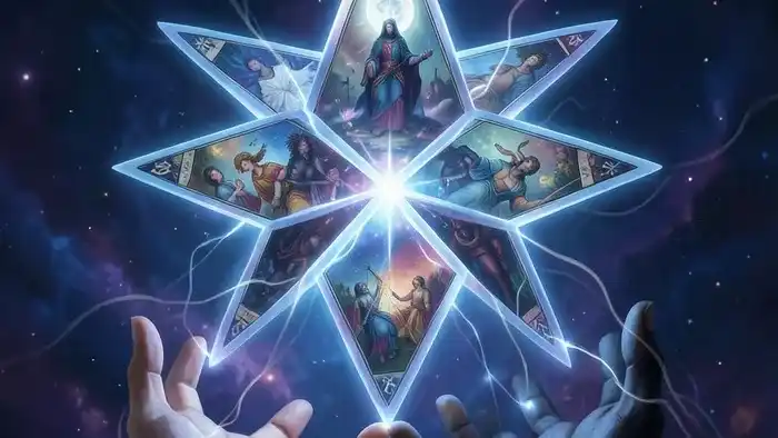 Расклад Таро Корона на привороженность - мистическая светящаяся корона с символами карт Таро в космическом пространстве