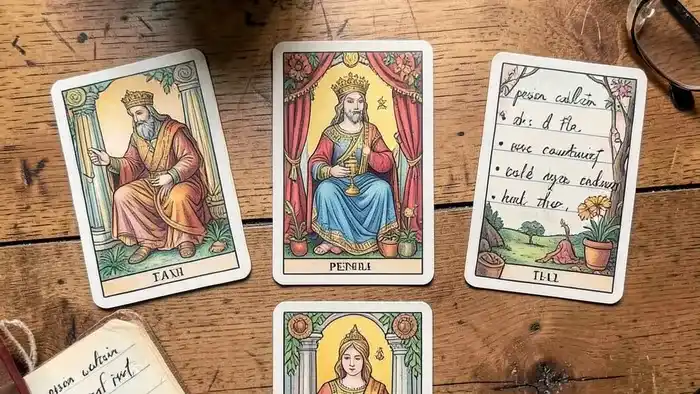 Расклад Таро Крест на пенсию досрочно — четыре карты на столе с блокнотом для расчетов