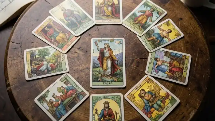 Расклад Таро Круг на нишу: карты, выложенные по кругу на деревянном столе для анализа сферы деятельности