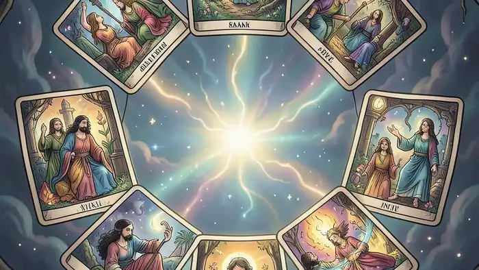 Расклад Таро «круг» на социофобию, изображение круга из карт с символами тревоги и уверенности