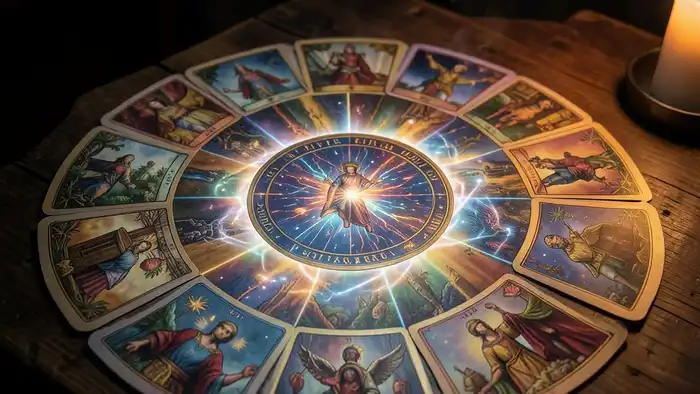 Расклад Таро «круг» на второй источник дохода, изображение расклада с картами и свечой