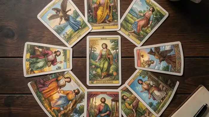 Расклад Таро Круг на знакомство: шесть карт по кругу и одна в центре на деревянном столе
