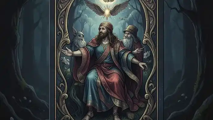 Расклад Таро Круг на деньги — карты, включая Императора и Колесо Фортуны, лежат по кругу на деревянном столе, символизируя поиск источников дохода.