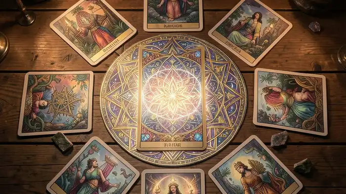 Расклад Таро мандала на примирение, карта в центре, окружённая восемью позициями