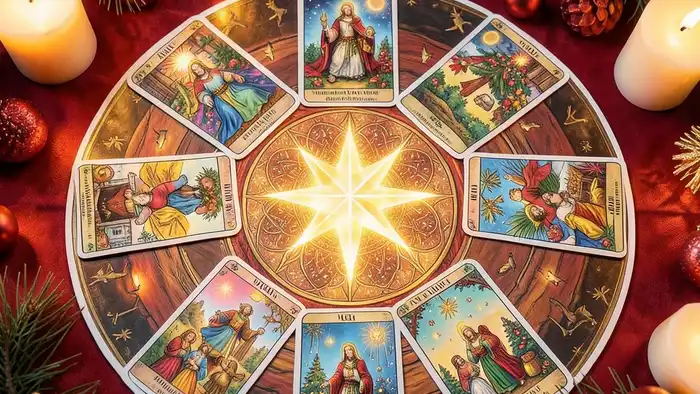 расклад Таро мандала на Рождество, праздничный стол, свечи, карты Таро