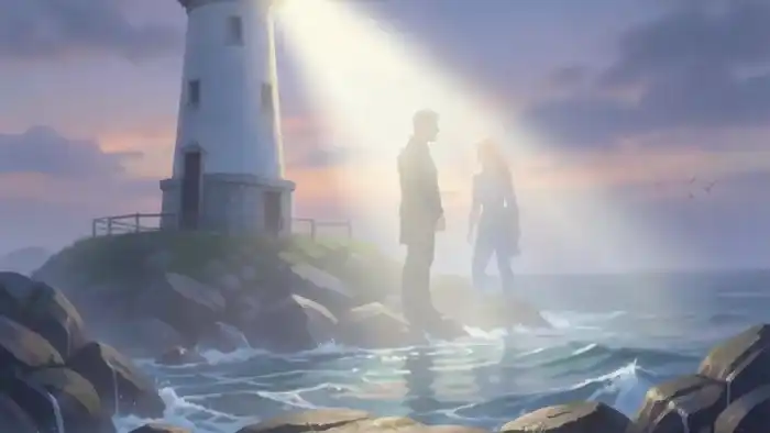 Расклад Таро Маяк на брата или сестру: символическое изображение маяка и семи карт Таро, освещающих путь к пониманию в родственных отношениях.