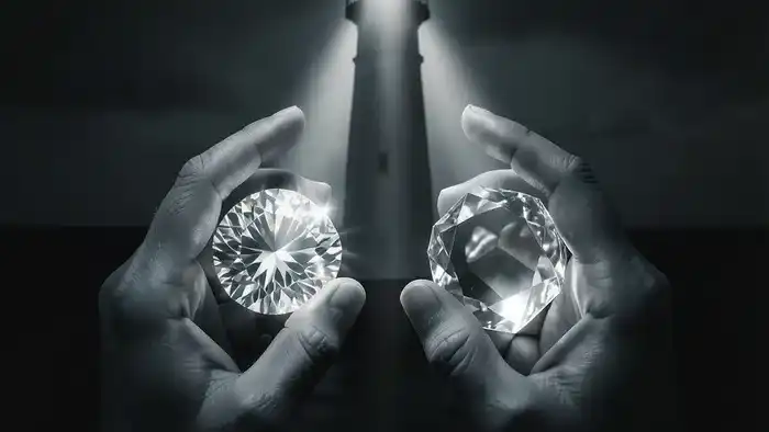 Расклад Таро Маяк на драгоценности — алмаз и подделка в руках на фоне маяка