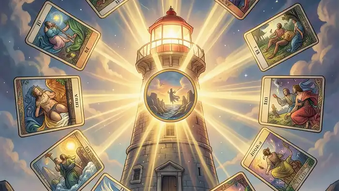 Расклад Таро «маяк» на год — визуальная схема с 12 картами вокруг центральной