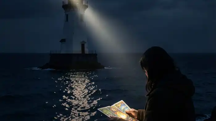 Рас��лад Таро «маяк» на интроверсию — изображение маяка и интроверта с колодой Таро