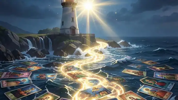 Расклад Таро «маяк» на исполнение желания — иллюстрация светящегося маяка над картами Таро