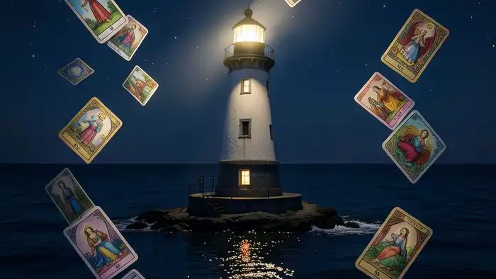 Расклад Таро «маяк» на психическое здоровье изображение маяка и карт