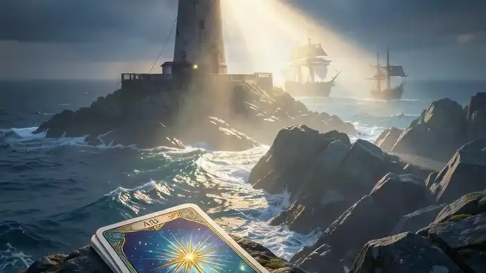 Расклад Таро Маяк — иллюстрация маяка и карты Звезда как символ навигации к удаче