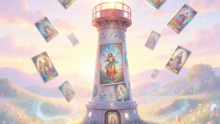 Расклад Таро «маяк» на весну — изображение маяка из карт Таро на фоне весеннего рассвета