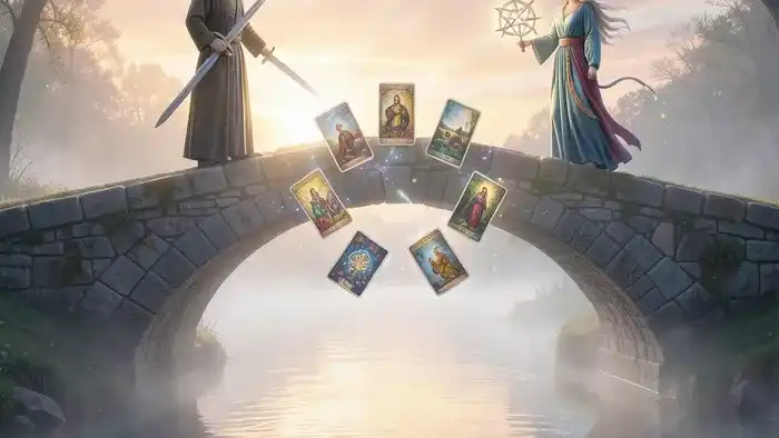 Расклад Таро Мост на брата или сестру — мистический мост через реку с фигурами и парящими картами Таро