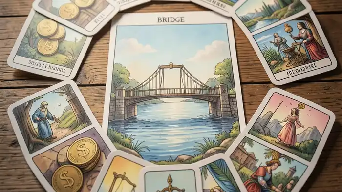 Расклад Таро «мост» на рефинансирование — визуальная схема с картами и финансовыми символами
