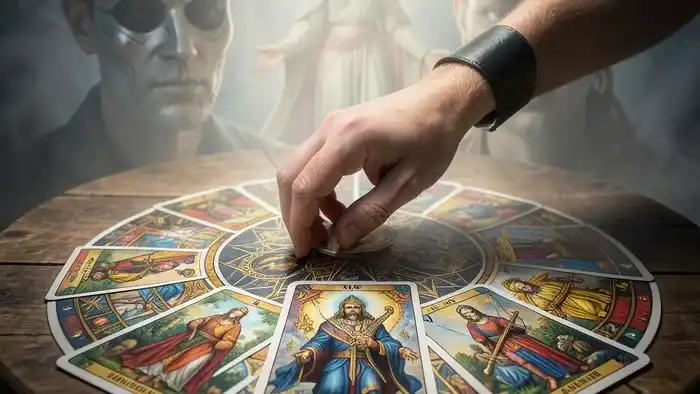 Расклад Таро на 10 карт на архетип: рука раскладывает карты в форме мандалы на деревянной поверхности