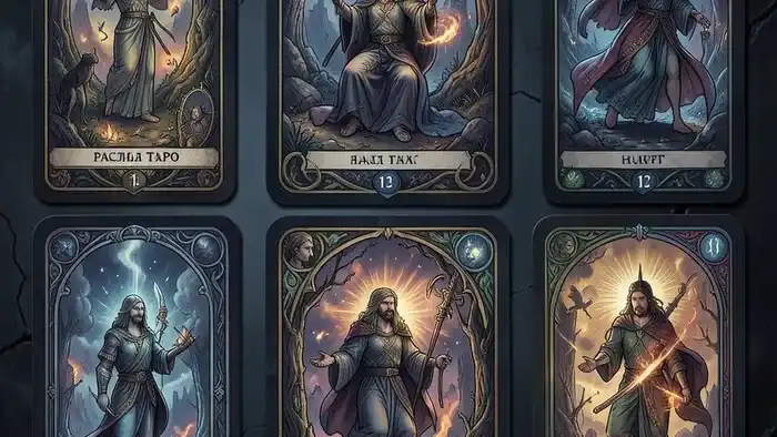 Расклад Таро на 12 карт на материальную помощь с картами и финансовыми символами на деревянном столе