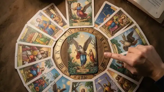 Расклад Таро на 12 месяцев: круг из карт, символизирующий прогноз на год, разложенный на деревянном столе.