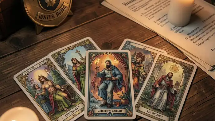 Расклад Таро на 5 карт на полицию, карта с полицейским значком и юридическими документами