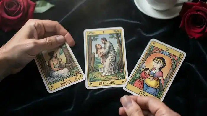 Расклад Таро на 5 карт на романтику: руки раскладывают карты на бархатной ткани в детальной схеме