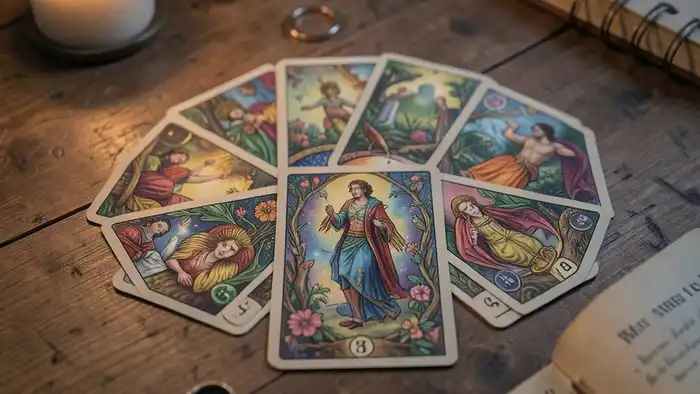 Расклад Таро на 7 карт — изображение расклада с свечой и ��редметами