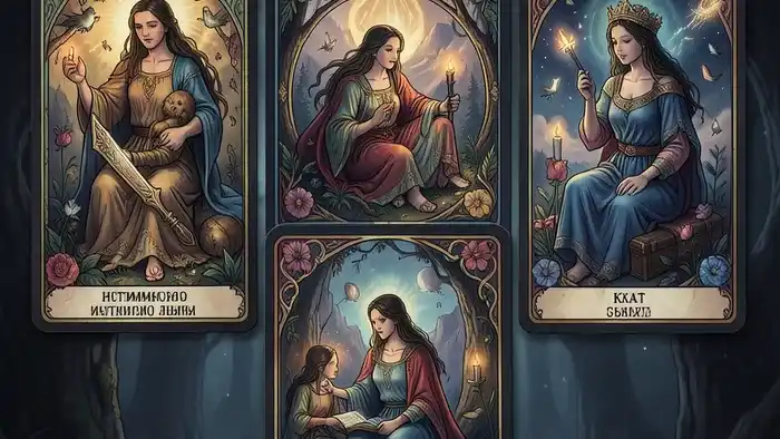 Расклад Таро на 7 карт на интимную жизнь: схематичное изображение выкладки карт на темном фоне