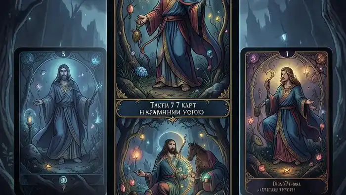 Расклад Таро на 7 карт на кармический урок, выложенный по кругу на деревянной поверхности