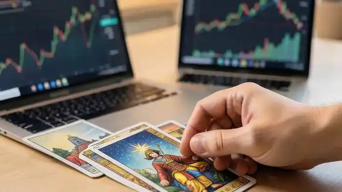 Расклад Таро на инвестиции: карты лежат рядом с графиками на экране ноутбука