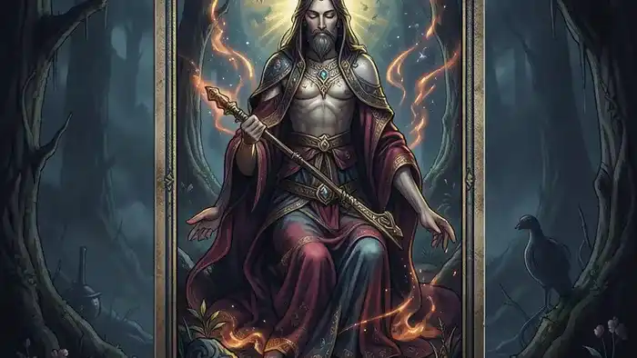 Расклад Таро на кармический долг: карты Сила, Колесница и Королева Жезлов, окружённые символами жизненных сфер на деревянном столе.