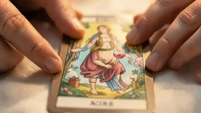 Расклад Таро на одну карту о желании иметь детей - рука тянет карту Императрица на фоне семейного фото