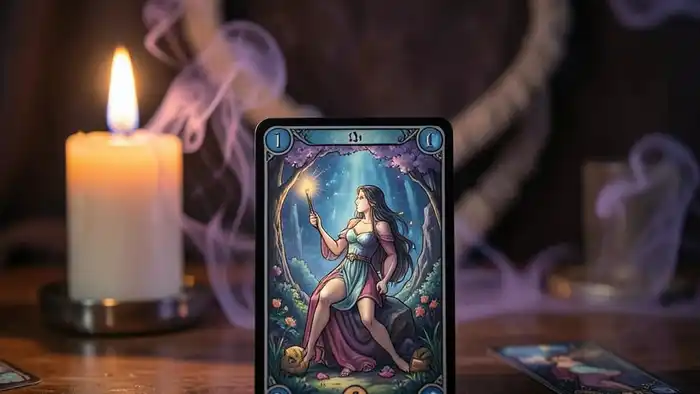 Расклад Таро на одну карту на тоску по человеку, карта на столе с свечой и дымом