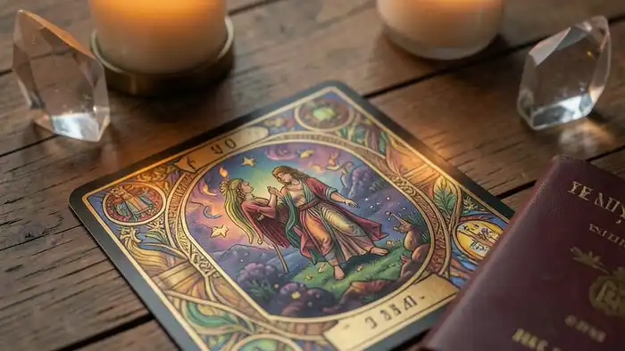 Расклад Таро «на одну карта» на визу — карта Таро на столе рядом с паспортом