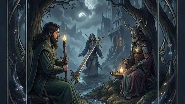 Расклад Таро на одну карту на земельный вопрос — символическая иллюстрация с картой и природным ландшафтом