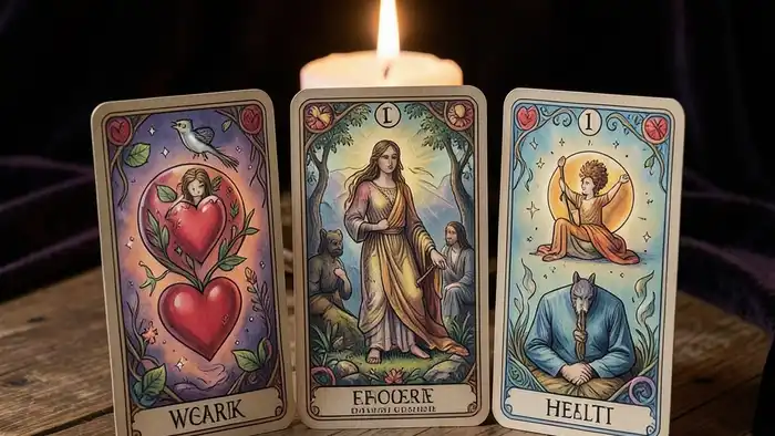 Расклад Таро на три карты — изображение карт с символикой любви, работы и здоровья
