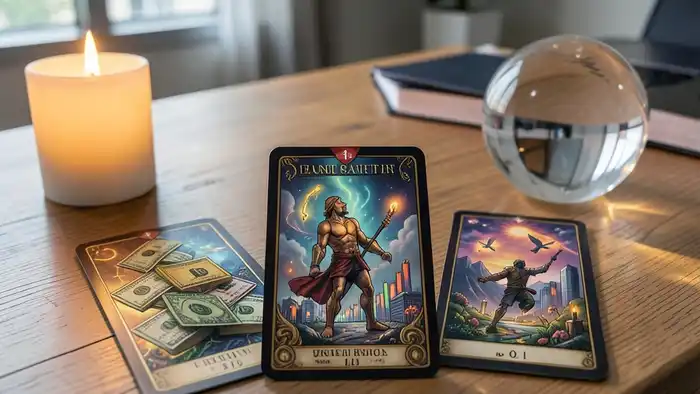 Расклад Таро «на три карты» на и��вестиции – три карты на столе с финансовыми символами