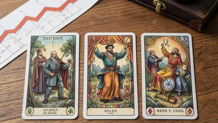 Расклад Таро «на три карты» на компанию — изображение карт с бизнес‑символами