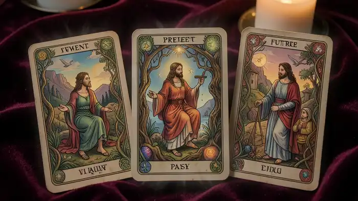Расклад Таро «на три карты» – три карты на бархатном покрывале, символизирующие прошлое, настоящее и будущее